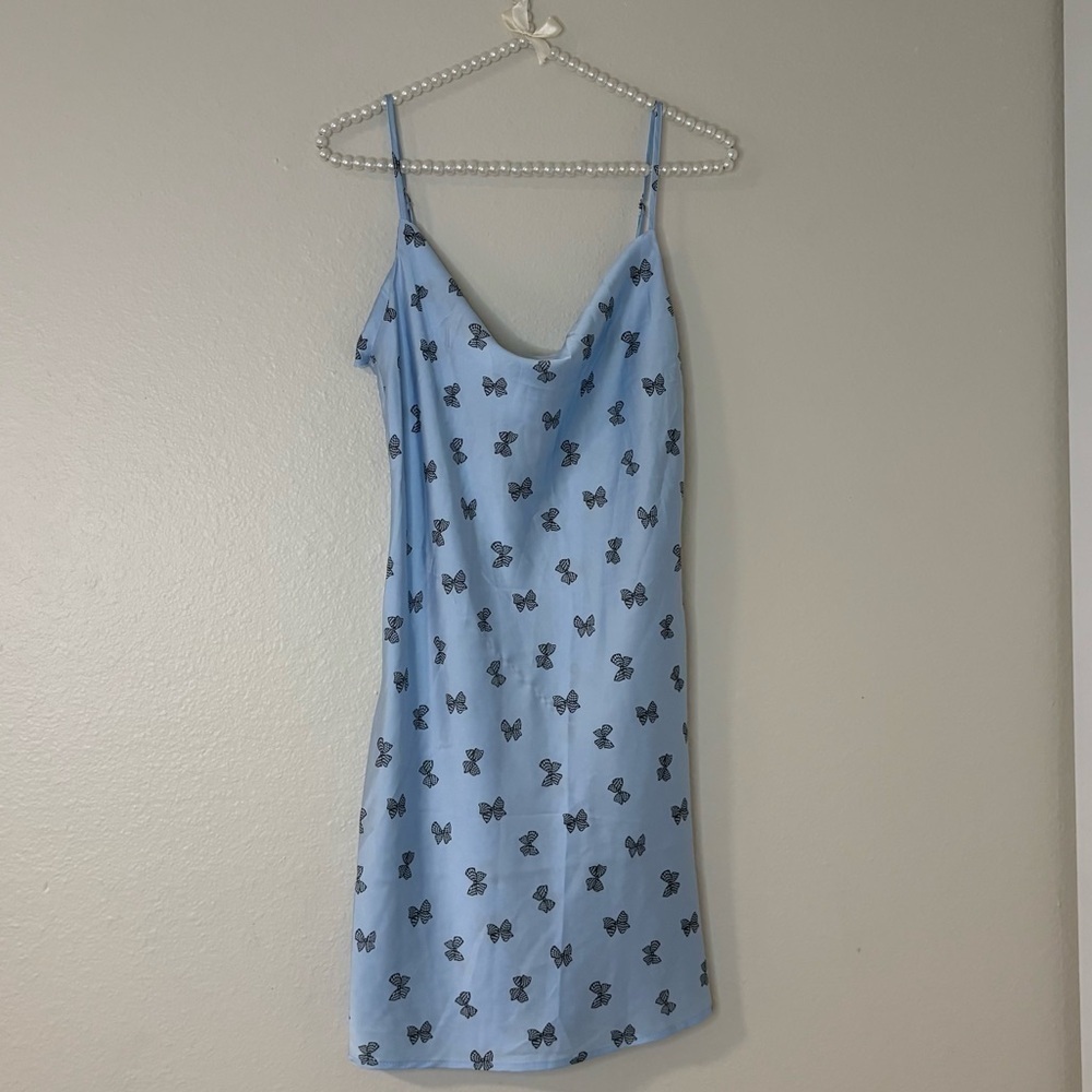 Forever 21 Women Blue Bow Print Satin Slip Mini Dress - Picture 7 of 11